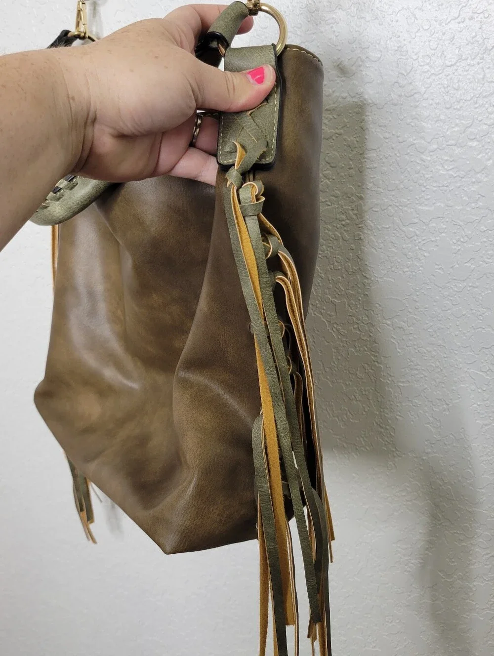 Shomico Leather Fringe Detail Shoulder Bag Crossbody Purse in Brown and Sage